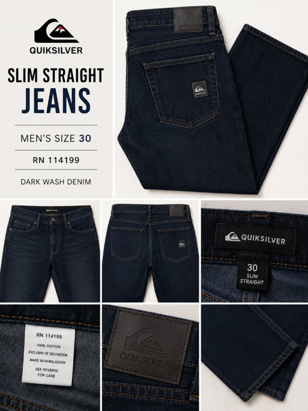 Quiksilver Slim Straight Jeans Men’s 30 Dark Wash Denim RN 114199
